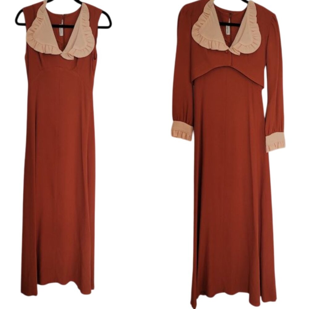 stunning vintage 70's Victorian burnt orange maxi dress removable jacket XS